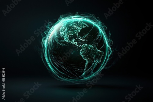 Abstract representation of earth as a glowing green planet digital art dark background futuristic conceptualization