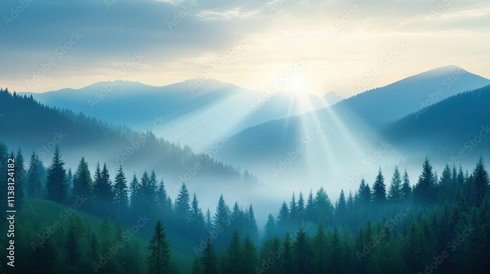 The sun is shining on the mountains, creating a beautiful and serene atmosphere The sun is shining on the mountains, creating a beautiful and serene atmosphere