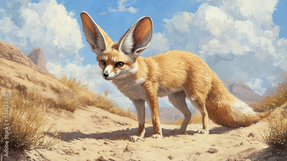 Desert Fox Stands on Sandy Terrain Under Bright Blue Sky Desert Fox Stands on Sandy Terrain Under Bright Blue Sky