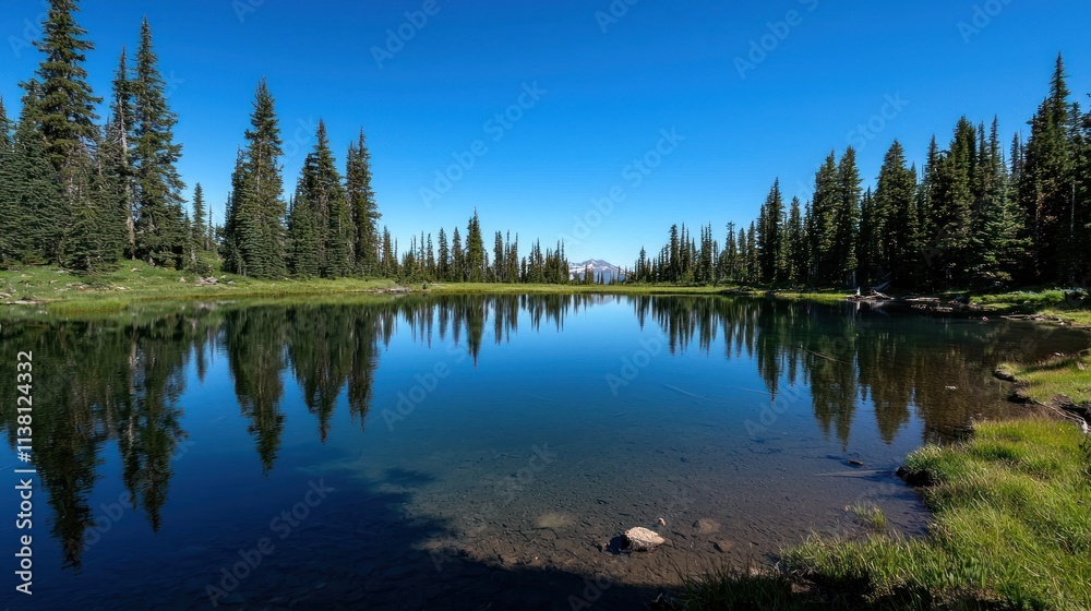 A serene freshwater lake surrounded by trees, reflecting the clear blue sky above A serene freshwater lake surrounded by trees, reflecting the clear blue sky above