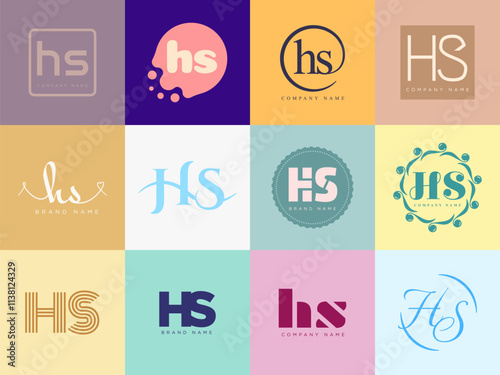 HS logo company template. Letter h and s logotype. Set different classic serif lettering and modern bold text with design elements. Initial font typography.