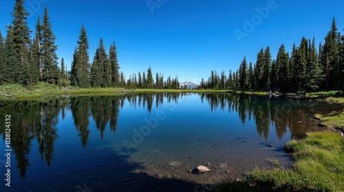 A serene freshwater lake surrounded by trees, reflecting the clear blue sky above