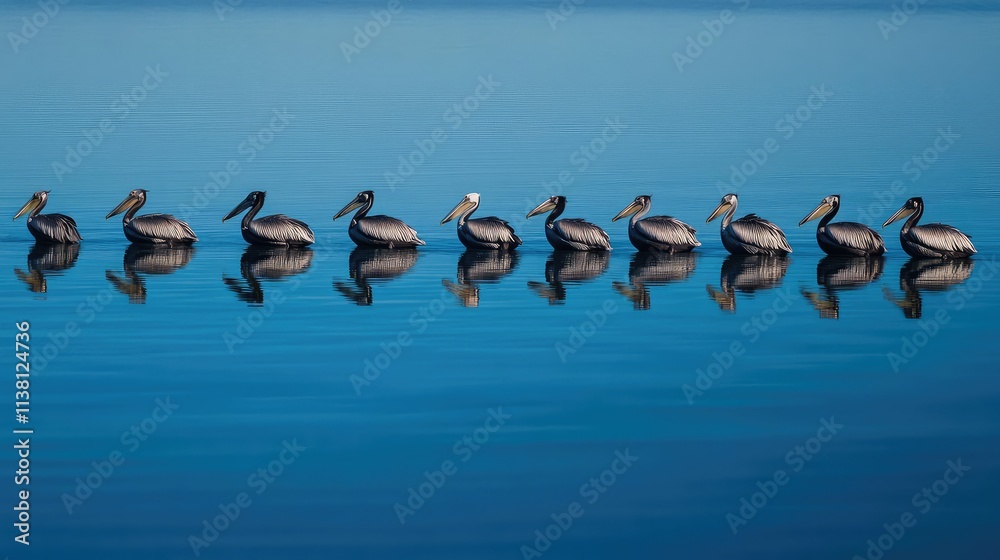Fototapeta premium Row of Pelicans Gliding on Calm Water Surface in Serene Blue Setting