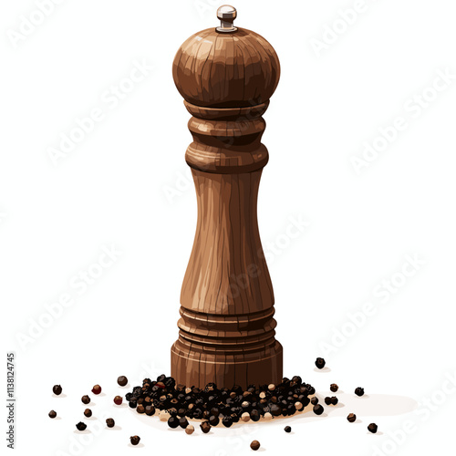 Wooden pepper mill, black pepper. vector illustration on white background