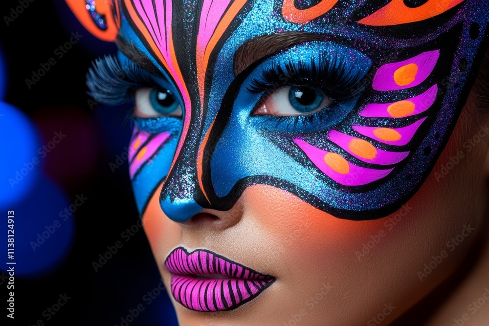 Naklejka premium A whimsical face painted with abstract designs and glitter, capturing the spirit of a creative festival