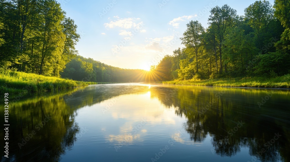 A calm lake with trees in the background and a sun shining on the water A calm lake with trees in the background and a sun shining on the water