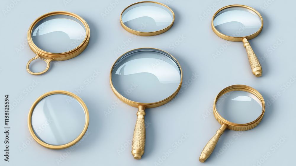 Realistic 3d magnifier glass in different angles of view. Vector illustration set of magnify with plastic handle, metal frame and transparent zoom lens for search and focus concept. Magnify loupe tool Realistic 3d magnifier glass in different angles of view. Vector illustration set of magnify with plastic handle, metal frame and transparent zoom lens for search and focus concept. Magnify loupe tool