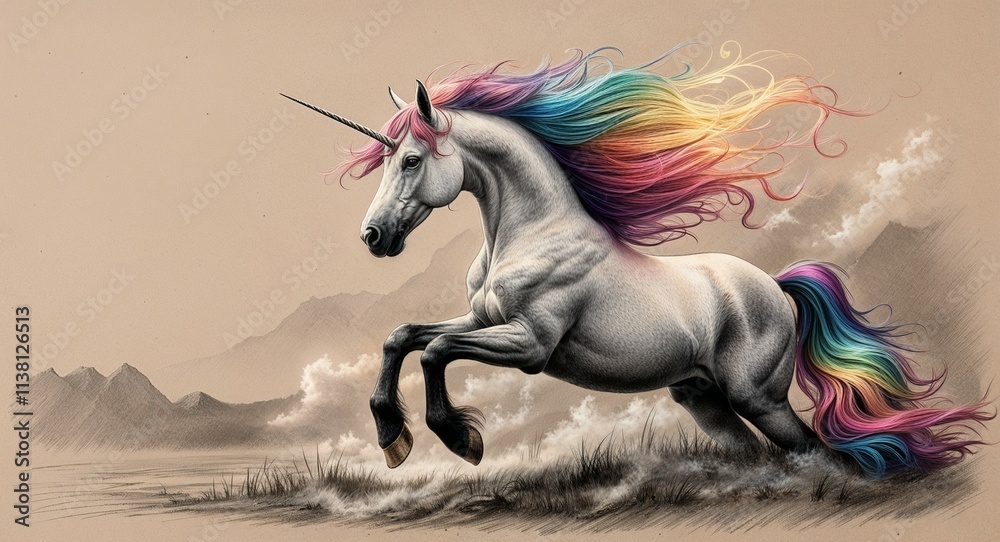 A mystical unicorn emerging from mist with glowing multicolored hair hand drawing A mystical unicorn emerging from mist with glowing multicolored hair hand drawing