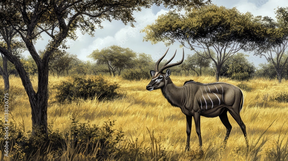 Fototapeta premium Majestic kudu standing gracefully in a golden savanna landscape