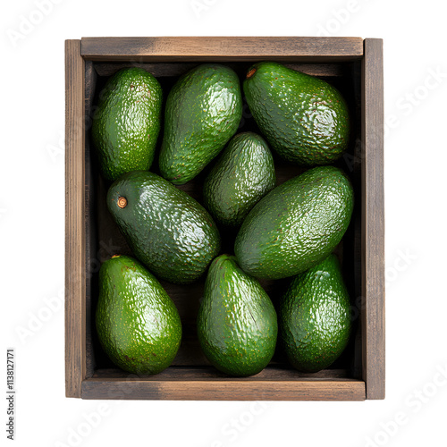 A Wooden Crate Filled with Ripe Green Avocados