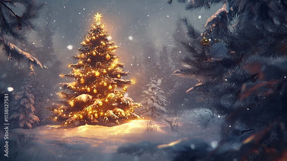 Christmas Tree With Gold Ornaments And Glowing Lights In Snow Christmas Tree With Gold Ornaments And Glowing Lights In Snow