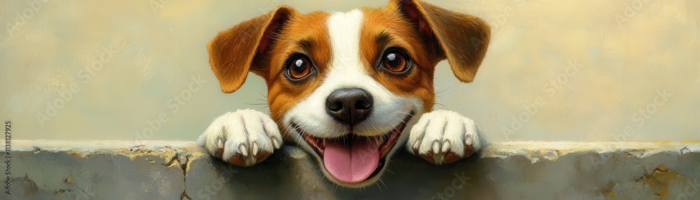 A joyful dog peeking over a barrier, capturing playful and adventurous spirit. A joyful dog peeking over a barrier, capturing playful and adventurous spirit.