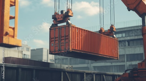 Bright orange shipping container suspended mid-air by industrial crane at a bustling construction site, symbolizing logistics, transport, and global trade photo