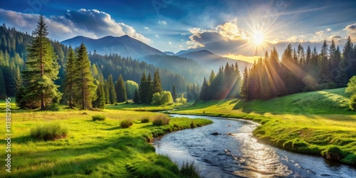 Sunny Synevyr: Ukraine's spring bliss. Mountain river flows through a valley bathed in sunshine.