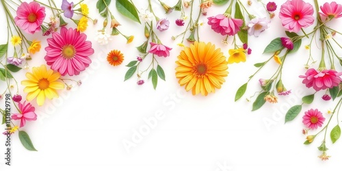 Beautiful spring flowers in vibrant colors blooming on a white paper background, aesthetic, white background, summer