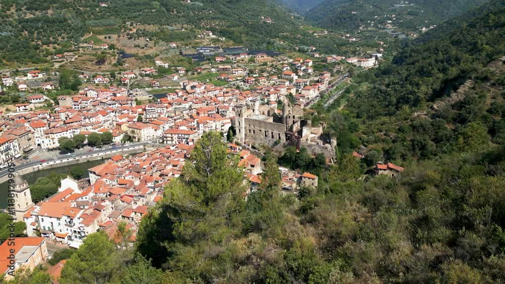 Aerial flyover to reveal Dolceacqua in Italy