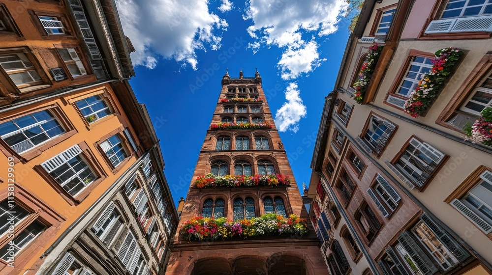 Fototapeta premium Low angle view of a tall building with flowers.