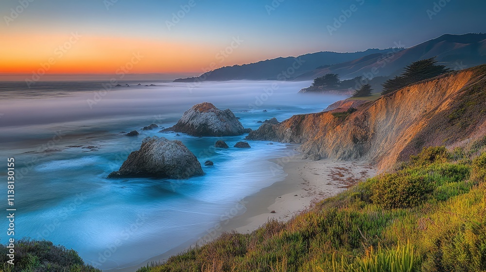 Tranquil Coastal Landscape at Dusk with Waves and Rocks Tranquil Coastal Landscape at Dusk with Waves and Rocks