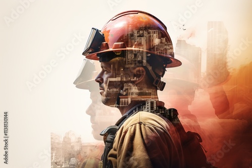 double exposure of a worker in a helmet in profile, shot close, against the background of a construction site. The concept of industrial technologies.