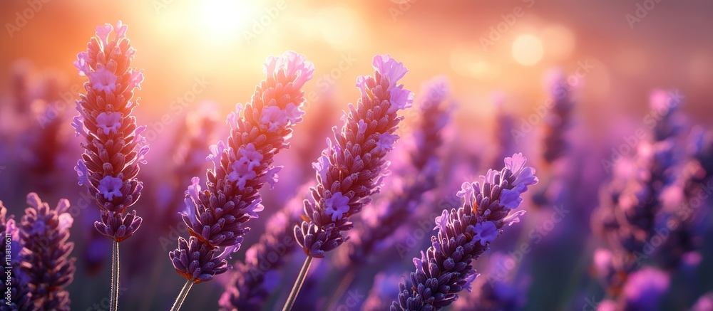 Obraz premium Lavender field at sunset, close-up view of flowers.