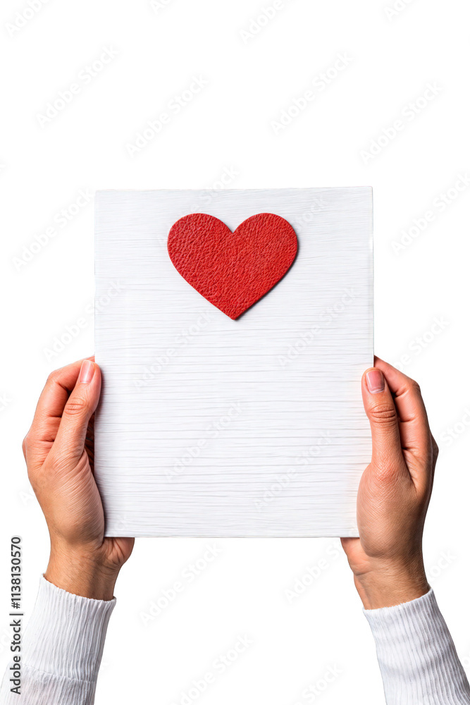 red heart on white textured card held by hands isolated on transparent background