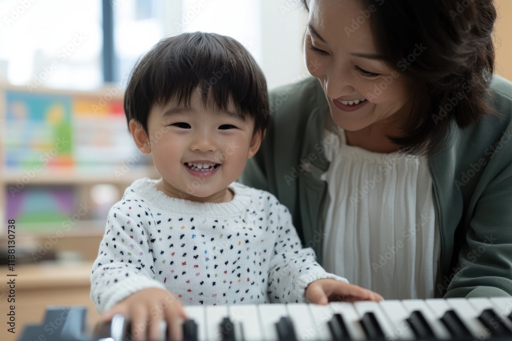 A happy child smiles while playing a keyboard with an adult, showcasing joyful moments of learning and music, highlighting the bond between generations through music. A happy child smiles while playing a keyboard with an adult, showcasing joyful moments of learning and music, highlighting the bond between generations through music.