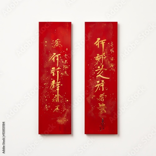 Traditional Chinese calligraphy art on red background, featuring intricate golden characters, perfect for cultural themes and decor. photo