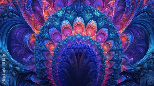 A stunning digital fractal pattern in vivid blues and purples, representing mathematical beauty