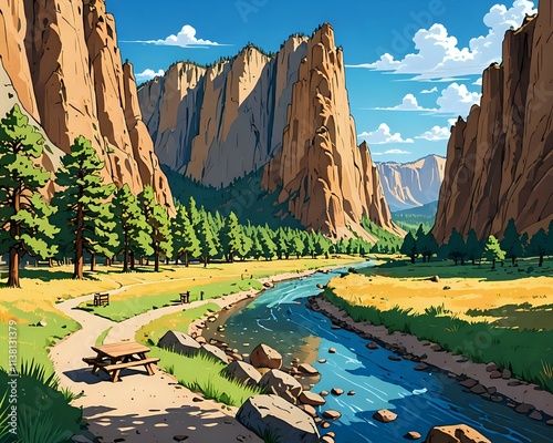 Smith Rock State Park located in central Oregon's High Desert near Redmond and Terrebonne, popular spot for rock climbing and hiking with river trail and picnic tables