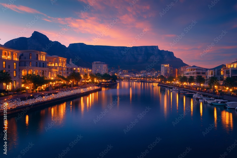 Fototapeta premium Cape town cityscape reflecting on canal at sunset with table mountain