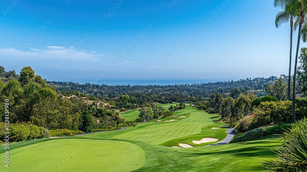 Obraz premium Scenic View of a Lush Green Golf Course Overlooking the Ocean