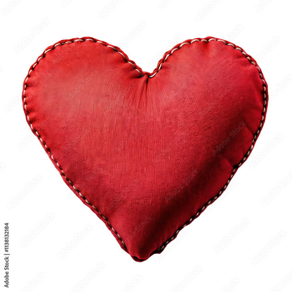 red fabric heart pillow with stitched border isolated on transparent background