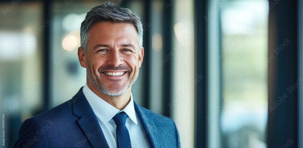 A portrait of an attractive middle-aged businessman smiling in the office. A portrait of an attractive middle-aged businessman smiling in the office.