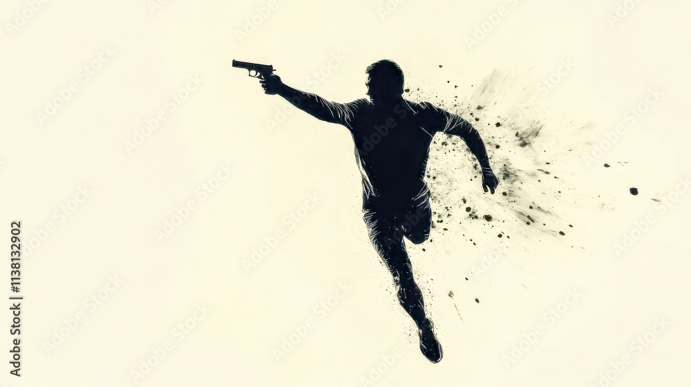 Running man shooting with gun in dramatic action scene Running man shooting with gun in dramatic action scene