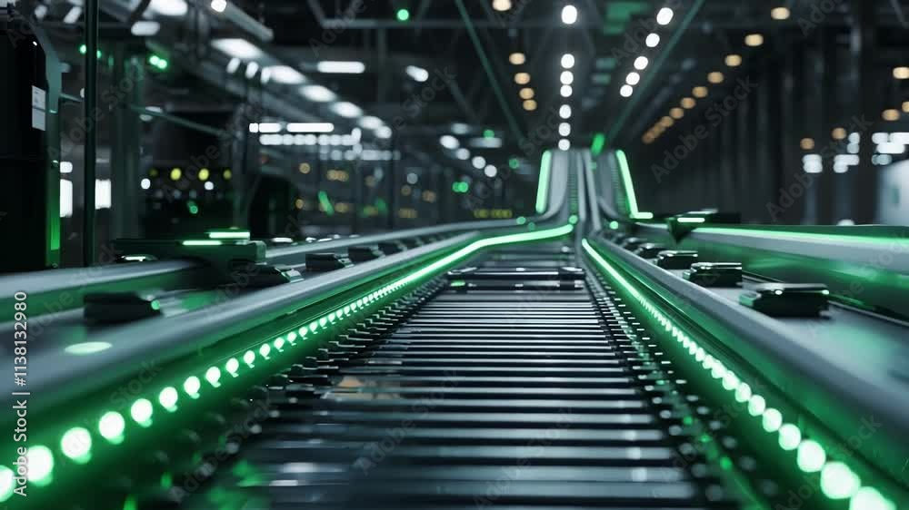Modern industrial interiors feature an empty conveyor belt moving through a landscape of machinery, illuminated by green lights, showcasing automation and advanced technology Modern industrial interiors feature an empty conveyor belt moving through a landscape of machinery, illuminated by green lights, showcasing automation and advanced technology