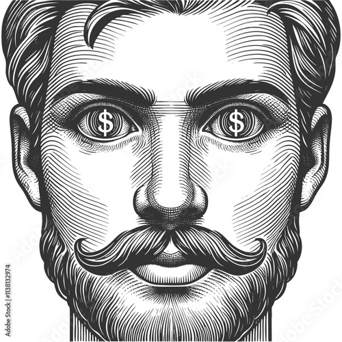 man with excited expression and dollar signs in his eyes, symbolizing greed or financial ambition sketch engraving generative ai vector illustration. Scratch board imitation. Black and white image.