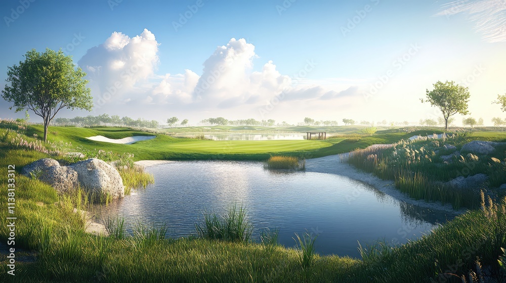 Obraz premium Serene Golf Course Landscape with Water and Lush Greenery