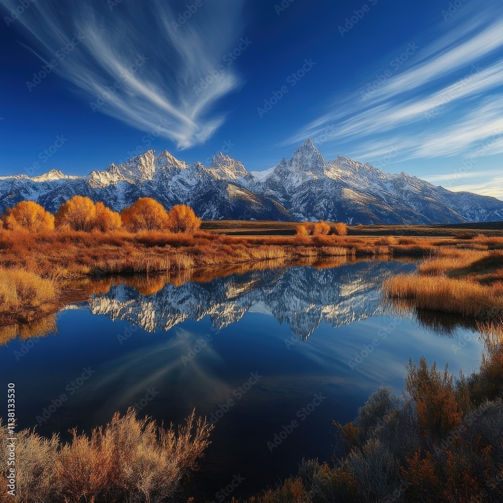 Obraz premium a mountain range reflects on a calm lake during daytime