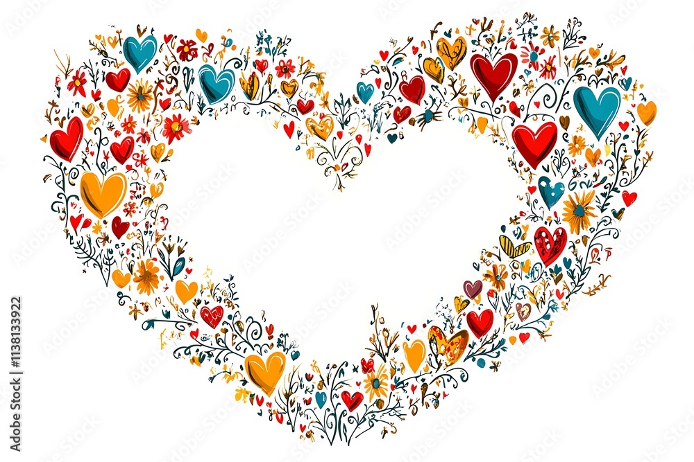 A playful Valentine's Day postcard featuring a scatter of colorful heart-shaped doodles and whimsical illustrations along the borders. The doodles are in bright colors like red, pink, green, A playful Valentine's Day postcard featuring a scatter of colorful heart-shaped doodles and whimsical illustrations along the borders. The doodles are in bright colors like red, pink, green,