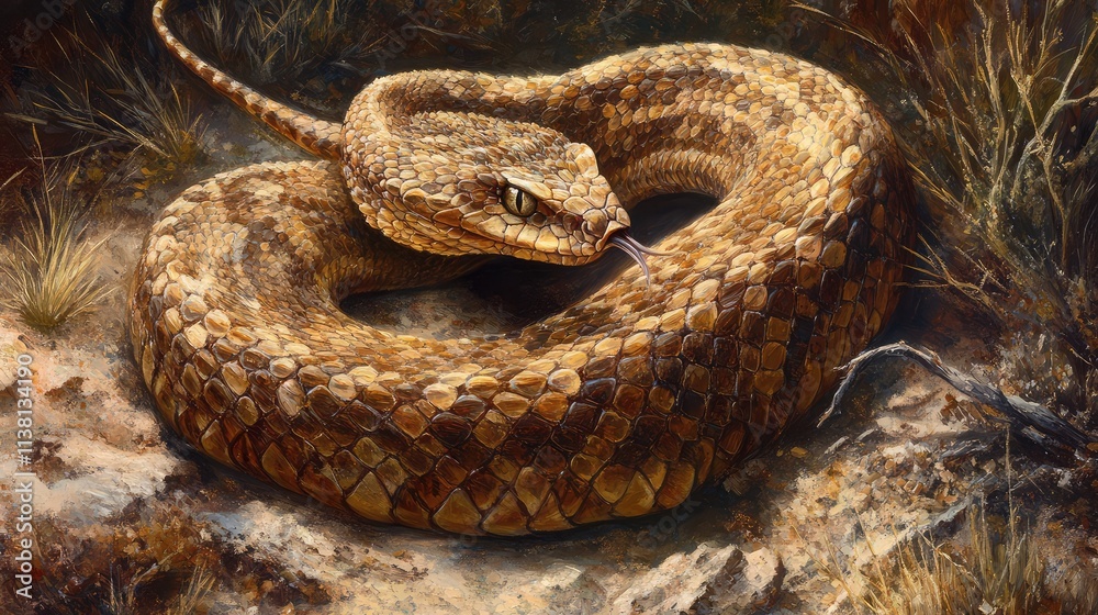 Fototapeta premium Close-Up of a Coiled Desert Snake in Natural Habitat