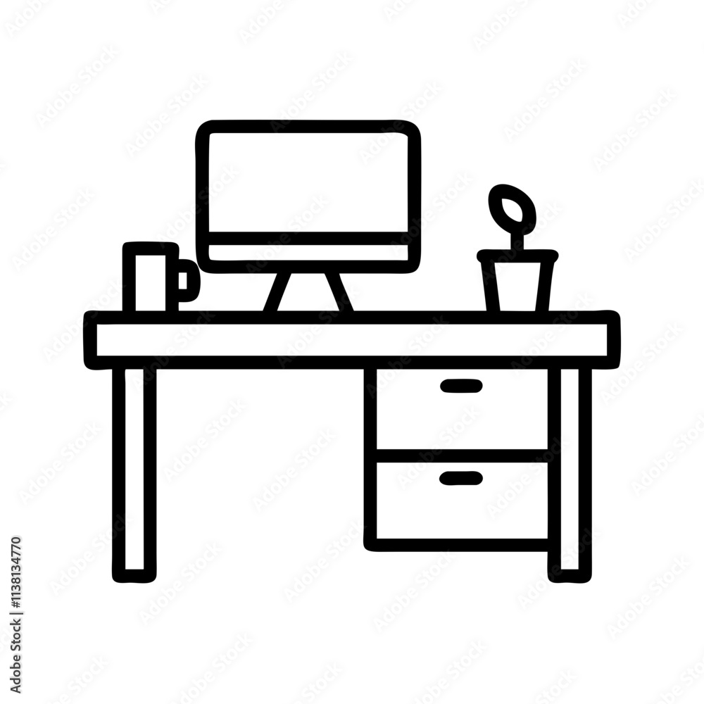 small office desk setup icon, small business line art, business icon - simple black line art icon of small office desk setup, for small business celebrations. business vector art. small office desk setup icon, small business line art, business icon - simple black line art icon of small office desk setup, for small business celebrations. business vector art.