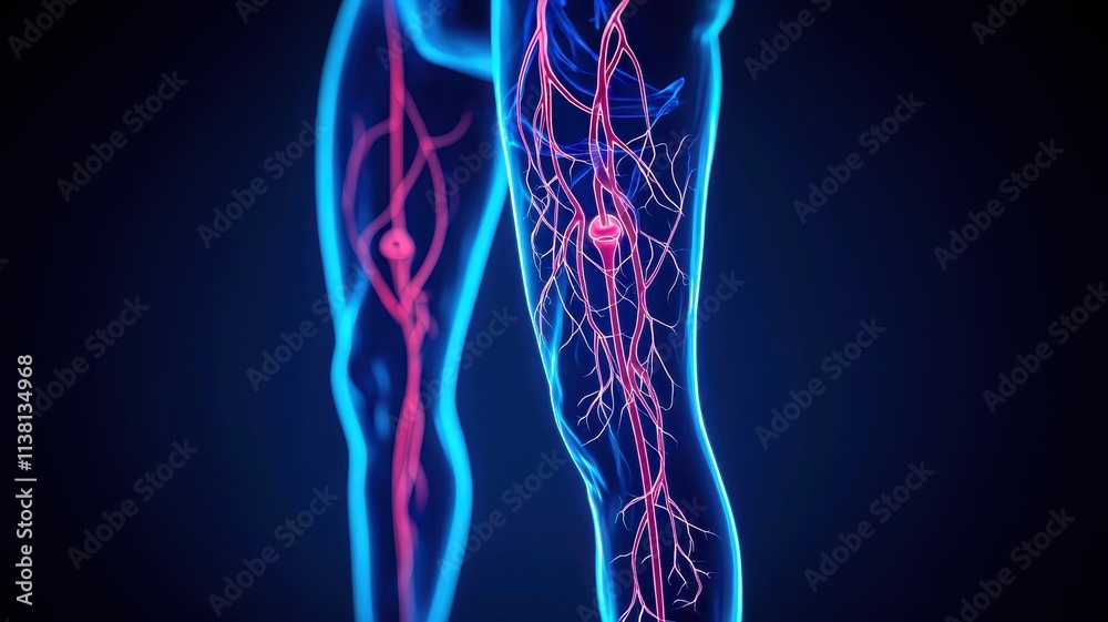 A digital simulation of deep vein thrombosis, with glowing markers highlighting the affected leg veins. A digital simulation of deep vein thrombosis, with glowing markers highlighting the affected leg veins.
