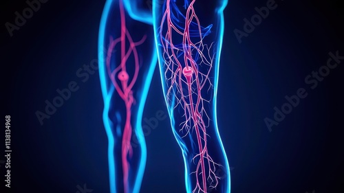 A digital simulation of deep vein thrombosis, with glowing markers highlighting the affected leg veins.