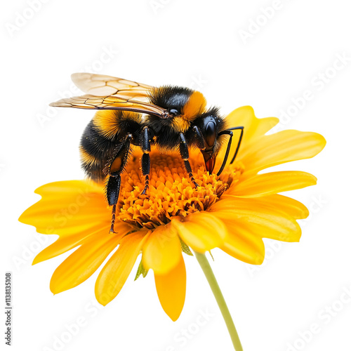 A bee pollinating a flower, displayed on a transparent background, ideal for nature-themed designs, educational materials on pollination, or ecological awareness campaigns.