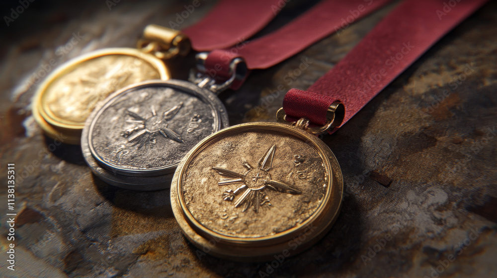 Gold, silver, bronze award in 3D with red ribbons.
