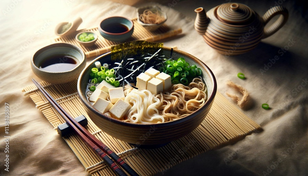 A visually appealing Japanese ramen dish, featuring tofu cubes, seaweed, and green onion garnishes served alongside chopsticks and soy sauce, presented in a traditional setting with warm lighting and A visually appealing Japanese ramen dish, featuring tofu cubes, seaweed, and green onion garnishes served alongside chopsticks and soy sauce, presented in a traditional setting with warm lighting and