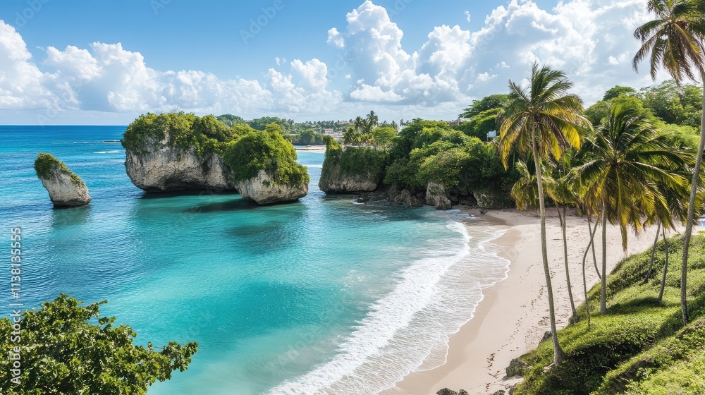Fototapeta premium Serene Tropical Beach with Palm Trees and Crystal Clear Water