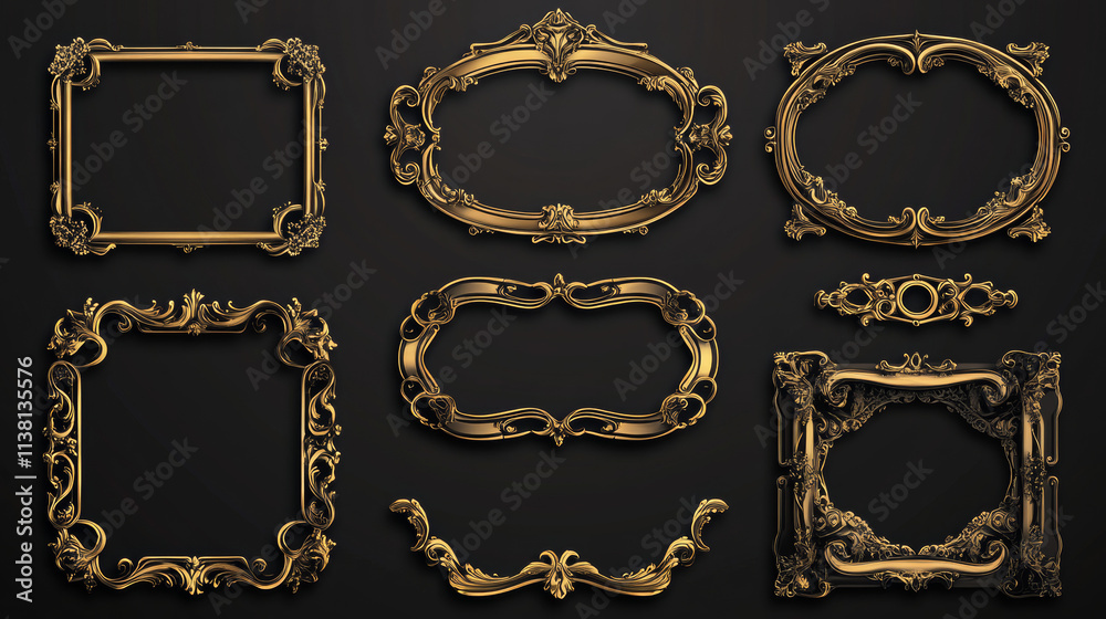 Golden frames in medieval style. Vector icon set of art deco buttons, ui frames, metal game border. Decoration for logos, web design, print, banner, user interface. Game frame ranking clipart Golden frames in medieval style. Vector icon set of art deco buttons, ui frames, metal game border. Decoration for logos, web design, print, banner, user interface. Game frame ranking clipart