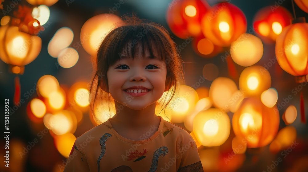 Smiling young Asian girl surrounded by glowing Chinese lanterns. Bright atmosphere of Lunar New Year Smiling young Asian girl surrounded by glowing Chinese lanterns. Bright atmosphere of Lunar New Year