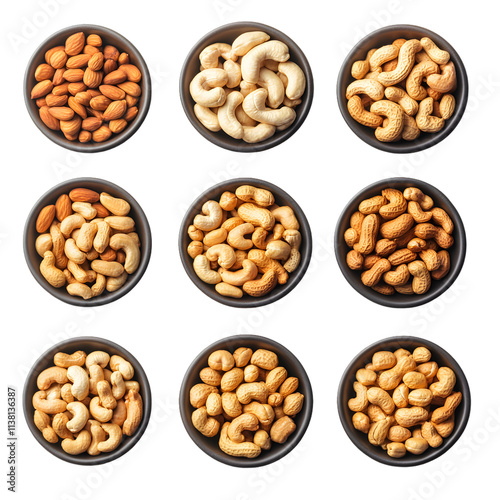 Nine Bowls of Assorted Nuts on a White Background